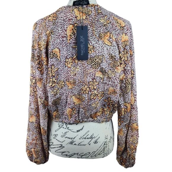 Rachel Zoe -584 Floral Cheetah Long Sleeve Front Faux Wrap Crop Top Rayon Size S - Picture 3 of 8